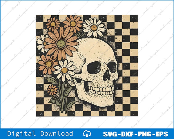 Skull with flowers on a checkered background, digital download options shown.