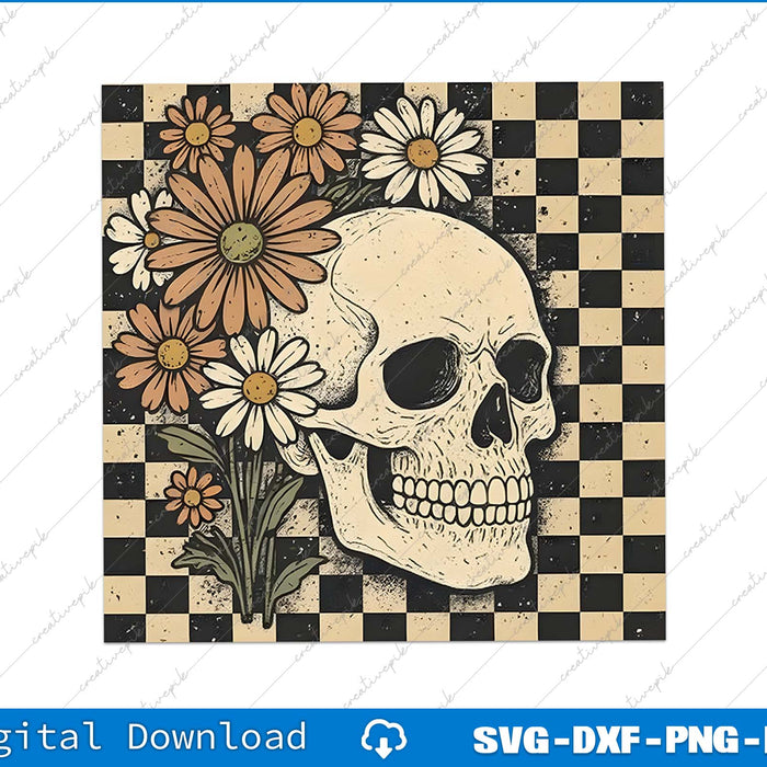 Skull with flowers on a checkered background, digital download options shown.