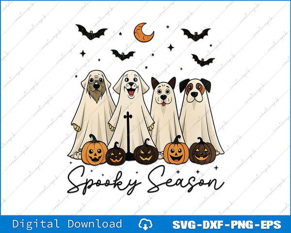 Halloween-themed design with dogs in ghost costumes and pumpkins on a white background.