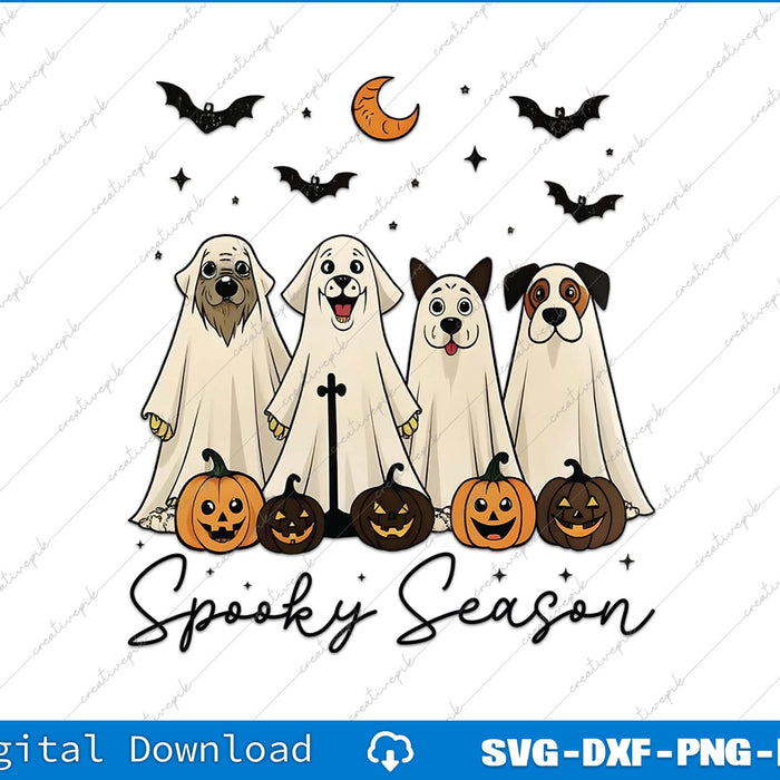 Halloween-themed design with dogs in ghost costumes and pumpkins on a white background.