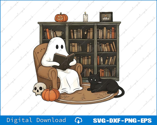Ghost reading a book in a chair with a black cat and Halloween decorations.