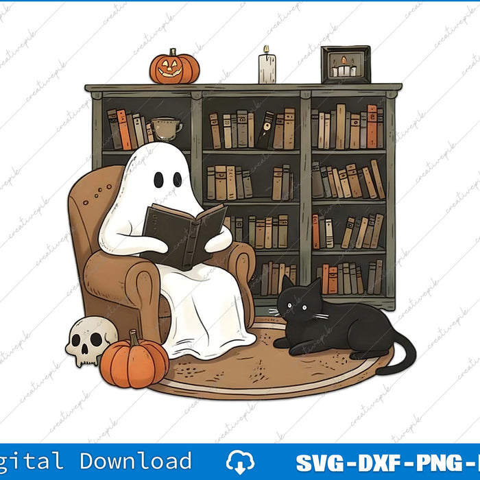 Ghost reading a book in a chair with a black cat and Halloween decorations.