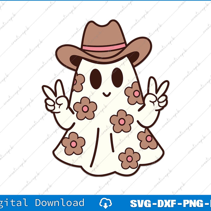 Cartoon ghost character with a cowboy hat and peace signs on a white background