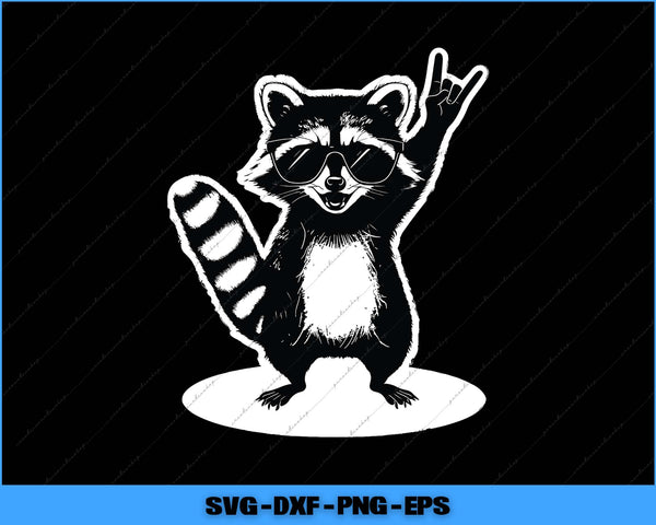 Raccoon wearing sunglasses and making a peace sign on a black background