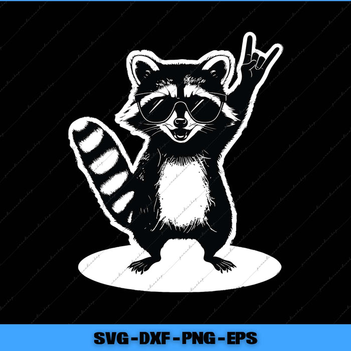 Raccoon wearing sunglasses and making a peace sign on a black background