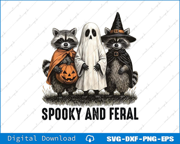 Two raccoons and a ghost in Halloween costumes with 'Spooky and Feral' text on a white background.