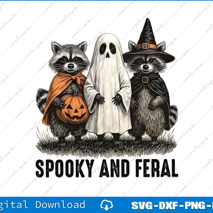 Two raccoons and a ghost in Halloween costumes with 'Spooky and Feral' text on a white background.