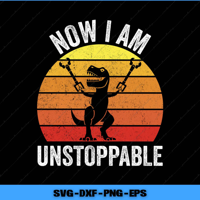 Dinosaur holding keys with 'Now I Am Unstoppable' text on a sunset background