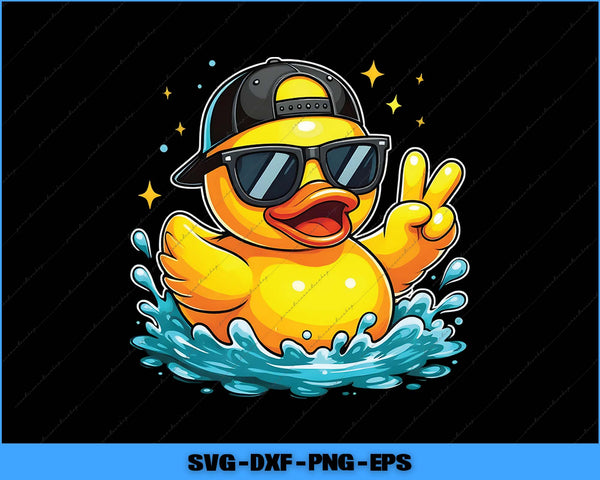 Rubber duck wearing sunglasses and a cap, surrounded by water splashes on a black background.