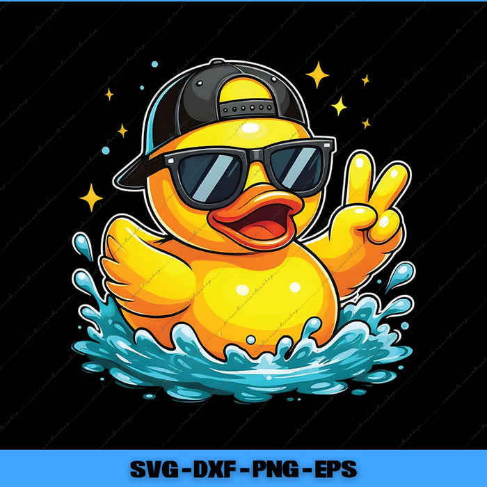 Rubber duck wearing sunglasses and a cap, surrounded by water splashes on a black background.
