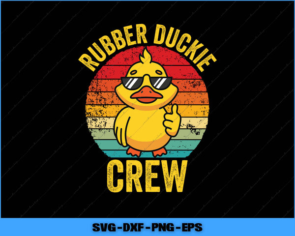 Vintage-style graphic with a rubber duck wearing sunglasses and 'Rubber Duckie Crew' text on a black background.