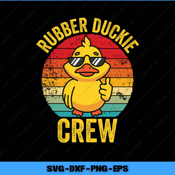 Vintage-style graphic with a rubber duck wearing sunglasses and 'Rubber Duckie Crew' text on a black background.