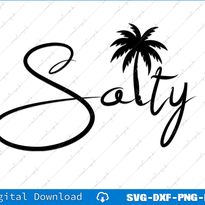 Black 'Salty' text with a palm tree on a white background, suitable for digital download.