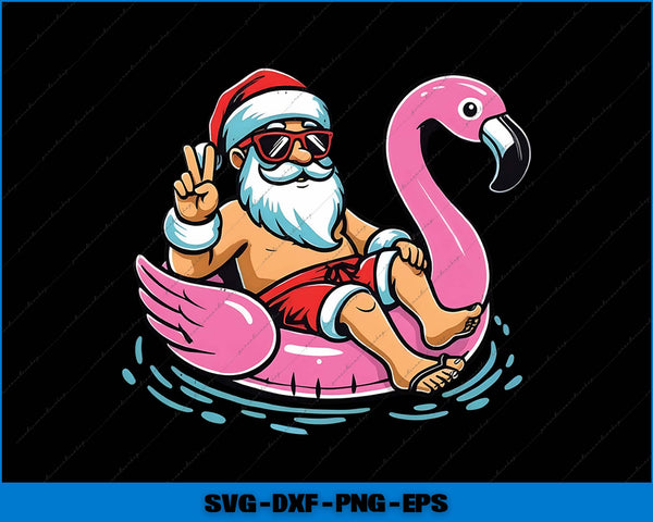 Cartoon Santa Claus riding a pink flamingo pool float on a black background
