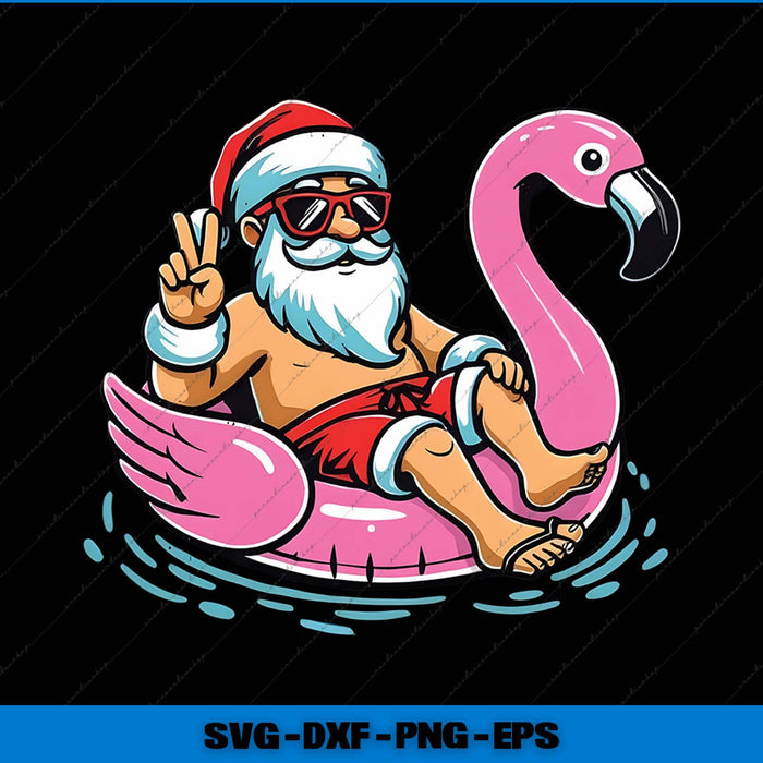Cartoon Santa Claus riding a pink flamingo pool float on a black background