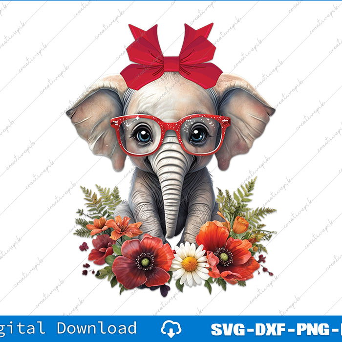 Illustration of an elephant wearing red glasses and a bow, surrounded by flowers on a white background.