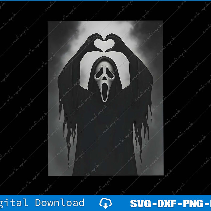 Stylized image of a character with hands forming a heart shape over a dark background.