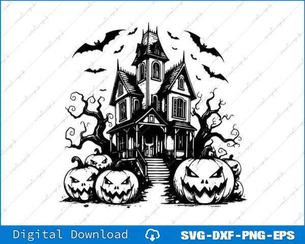 Halloween-themed design with a haunted house, pumpkins, and bats on a white background.