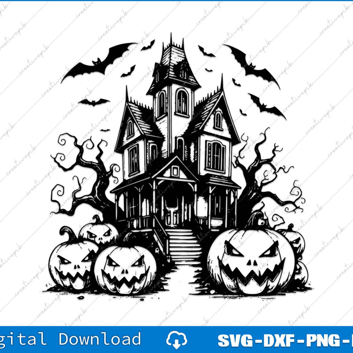 Halloween-themed design with a haunted house, pumpkins, and bats on a white background.