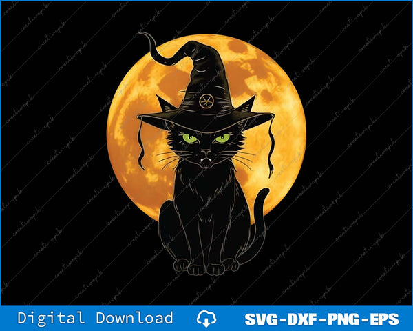 Black cat wearing a witch hat with a full moon in the background, suitable for Halloween.