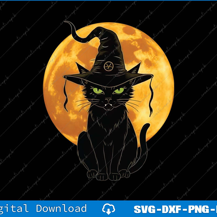 Black cat wearing a witch hat with a full moon in the background, suitable for Halloween.