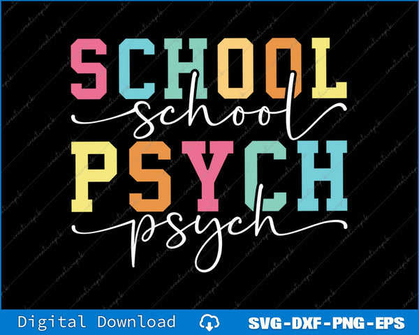 Colorful text 'SCHOOL PSYCH' on a black background with digital download options at the bottom.