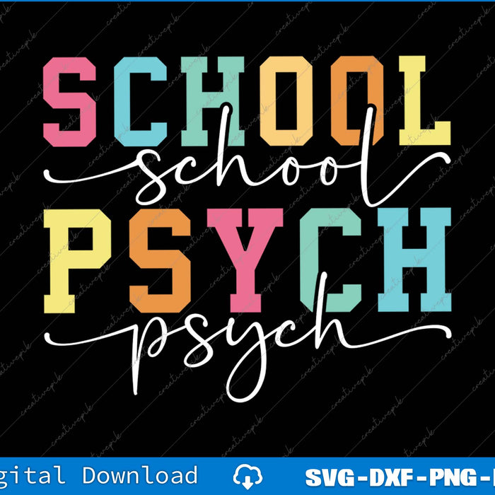Colorful text 'SCHOOL PSYCH' on a black background with digital download options at the bottom.