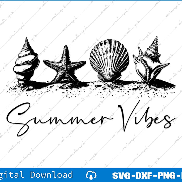 Black and white illustration of seashells and a starfish with 'Summer Vibes' text on a white background.