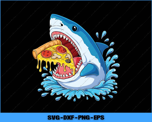 Cartoon shark eating a pizza with water splashes on a black background