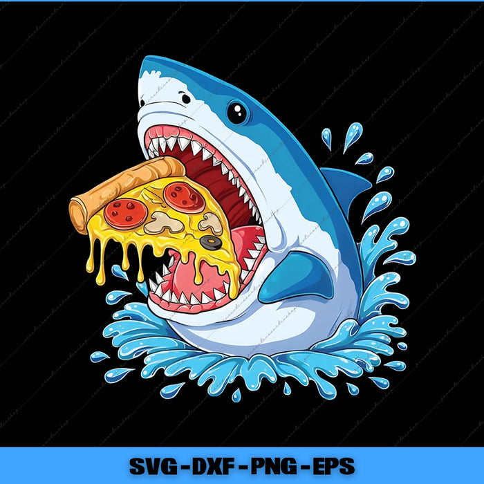 Cartoon shark eating a pizza with water splashes on a black background