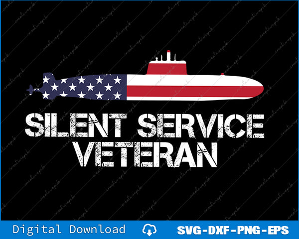 Submarine with American flag design and 'Silent Service Veteran' text on a black background