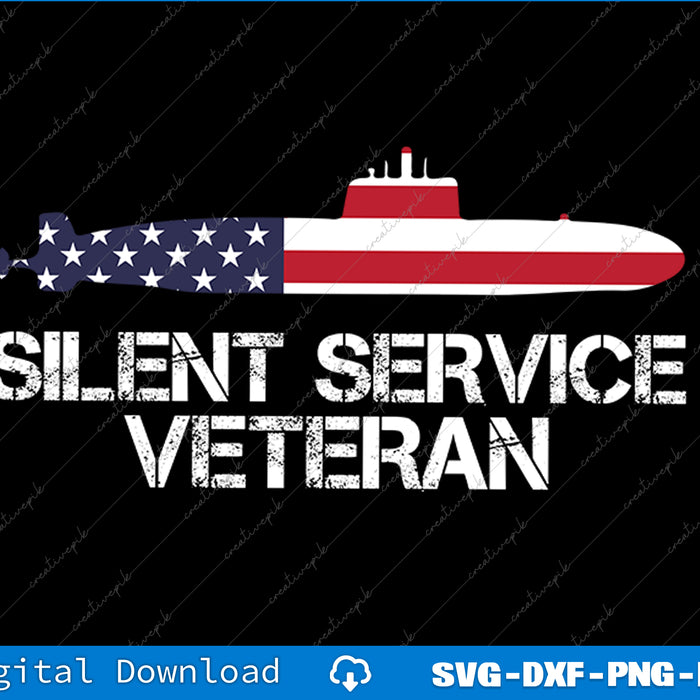 Submarine with American flag design and 'Silent Service Veteran' text on a black background
