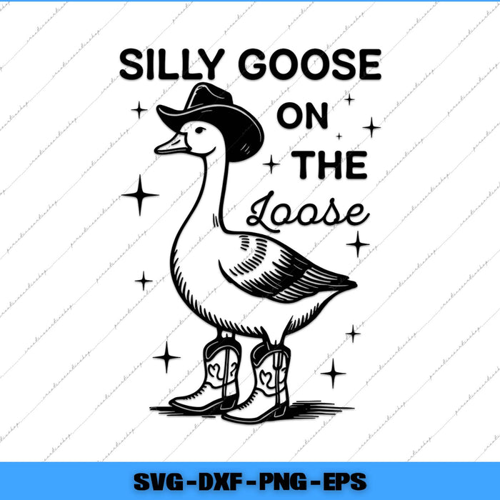 Illustration of a goose wearing a cowboy hat and boots with text 'Silly Goose on the Loose' on a white background.