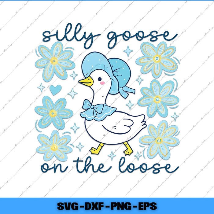 Cartoon goose with blue bonnet surrounded by flowers and text 'silly goose on the loose' on a white background.