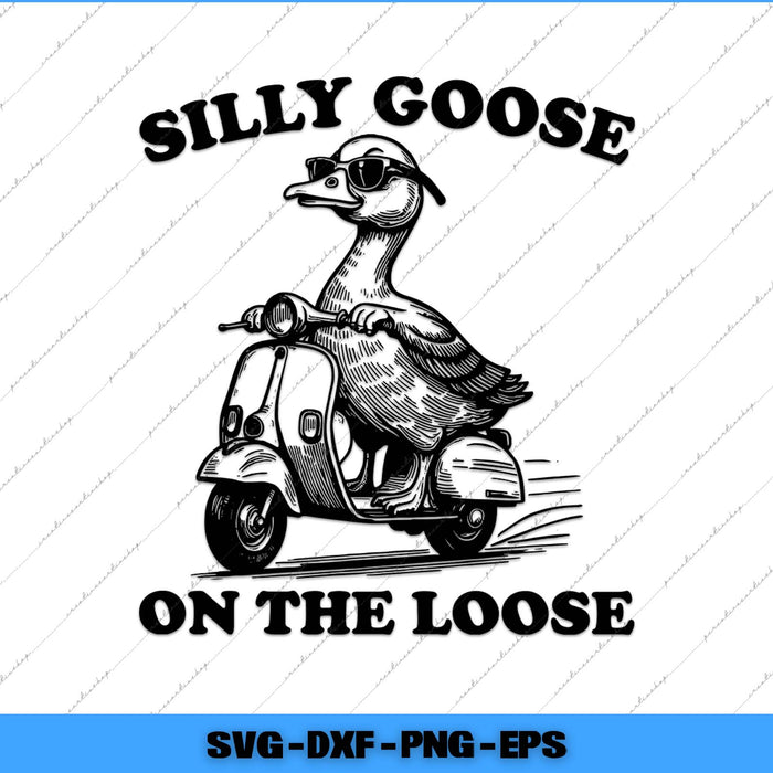 Illustration of a goose riding a scooter with text 'Silly Goose on the Loose' on a white background.