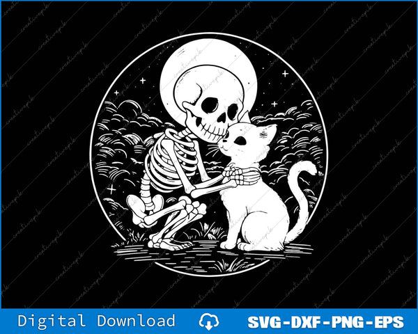 Skeletal hand holding a cat with a black and white background