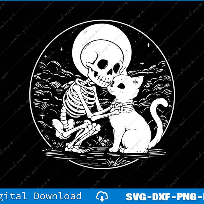 Skeletal hand holding a cat with a black and white background