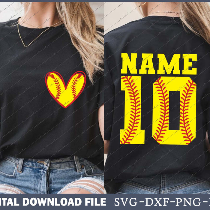 Softball Custom Name And Number, Softball Heart SVG PNG Bundle Files