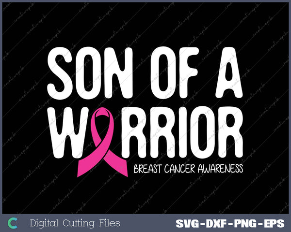 Breast cancer awareness design with 'Son of a Warrior' text and pink ribbon on a black background.