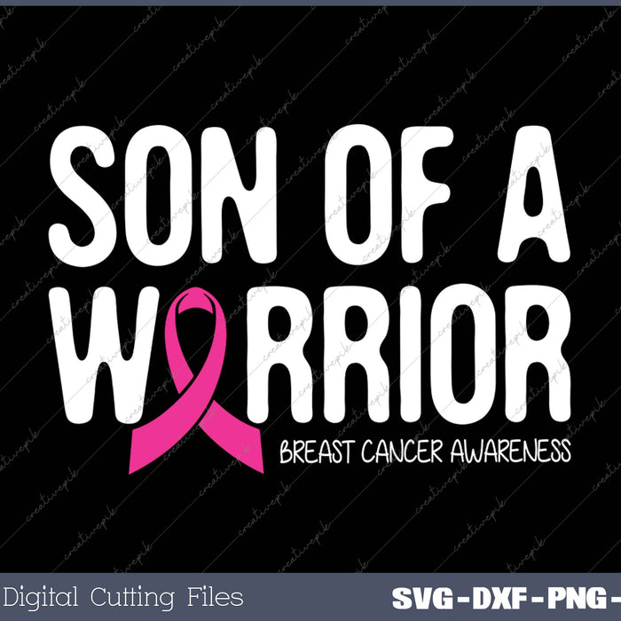 Breast cancer awareness design with 'Son of a Warrior' text and pink ribbon on a black background.
