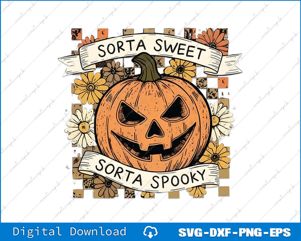 Halloween-themed design with a pumpkin, flowers, and text 'Sorta Sweet Sorta Spooky' on a white background.
