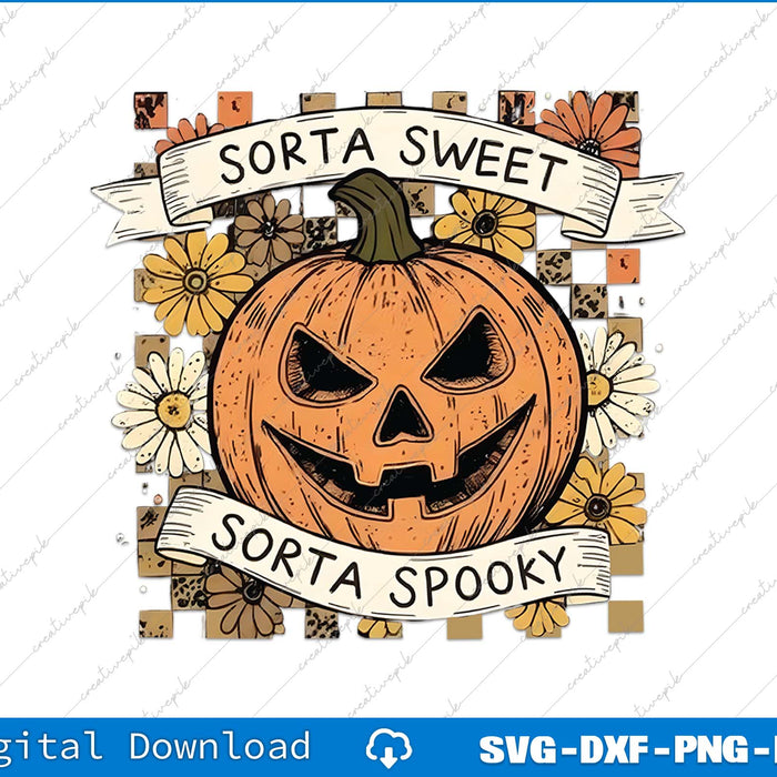 Halloween-themed design with a pumpkin, flowers, and text 'Sorta Sweet Sorta Spooky' on a white background.
