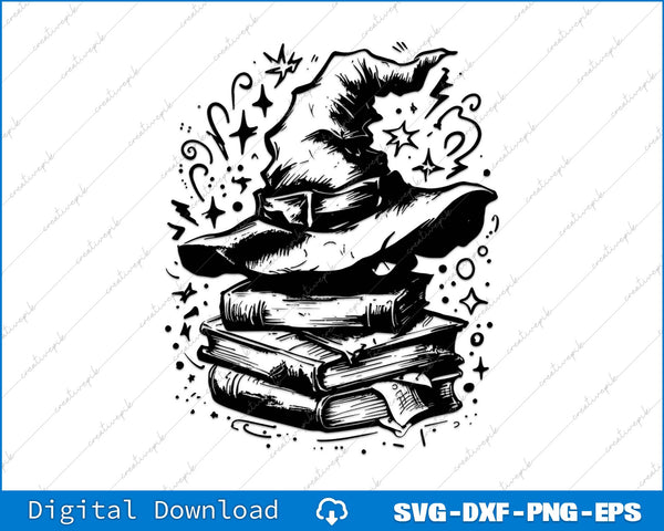 Black and white illustration of a witch's hat and books on a white background with 'Digital Download' text at the bottom.