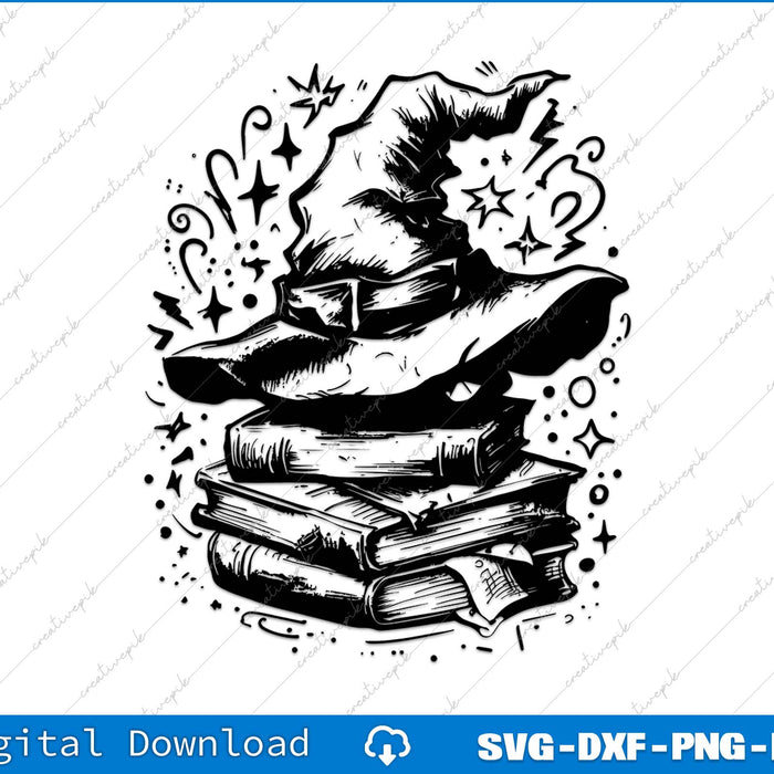 Black and white illustration of a witch's hat and books on a white background with 'Digital Download' text at the bottom.