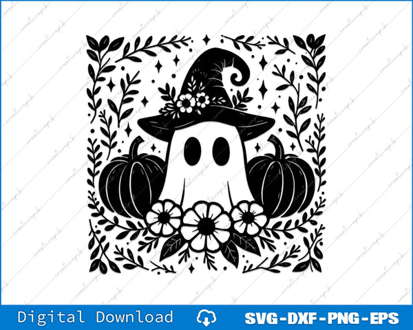 Halloween-themed design with ghost, pumpkins, and flowers on a white background