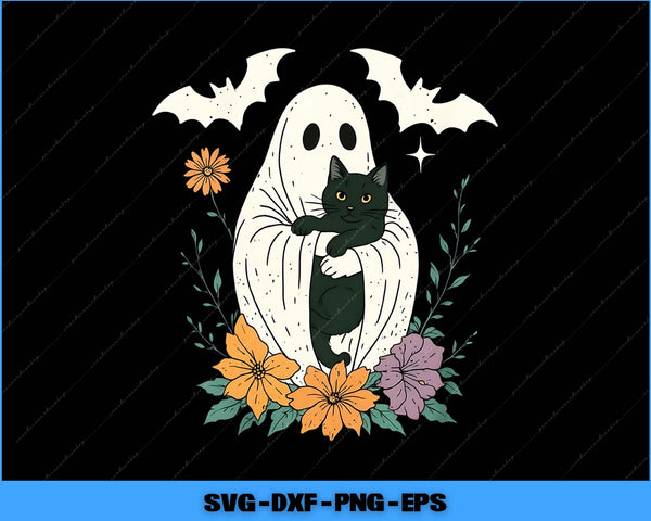 Illustration of a black cat in a ghost costume with flowers and bats on a black background.