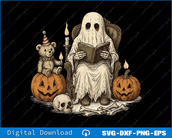 Ghost reading a book with Halloween-themed items around on a black background