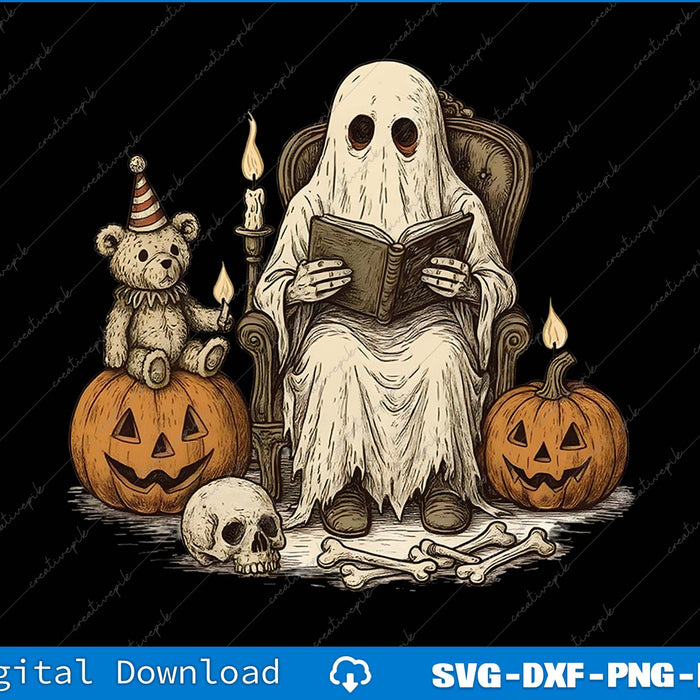 Ghost reading a book with Halloween-themed items around on a black background