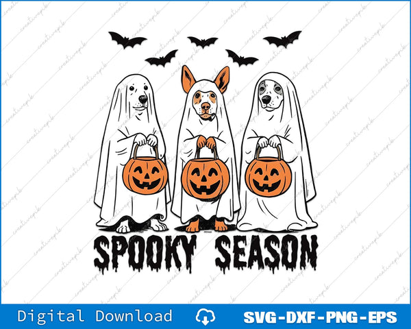 Halloween-themed design with dogs in ghost costumes holding pumpkin buckets and text 'Spooky Season'.