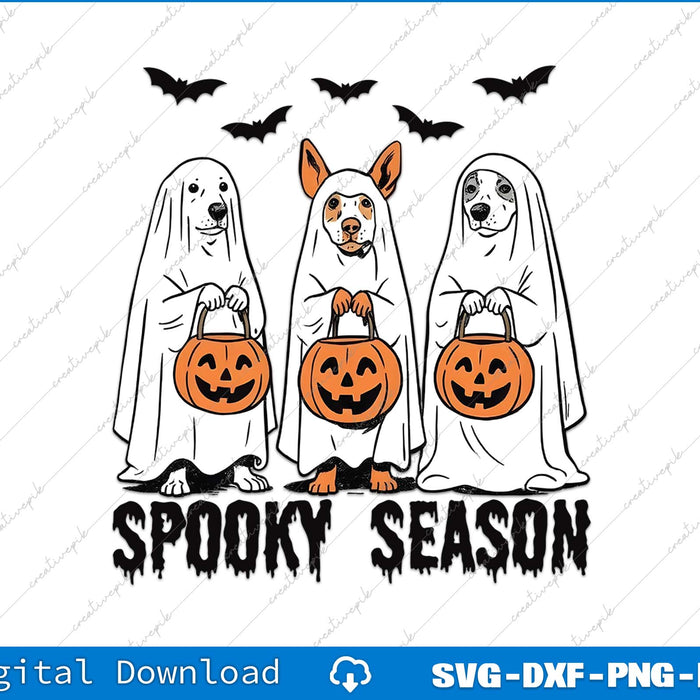 Halloween-themed design with dogs in ghost costumes holding pumpkin buckets and text 'Spooky Season'.